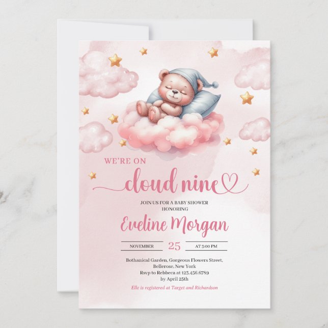 Pink and gold cloud nine girl baby shower invitation (Front)