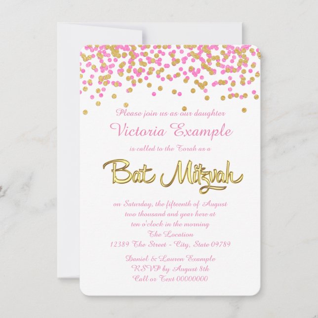 Pink and Gold Confetti Bat Mitzvah Invitation (Front)
