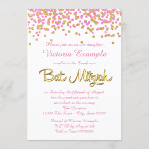 Pink and Gold Confetti Bat Mitzvah Invitation