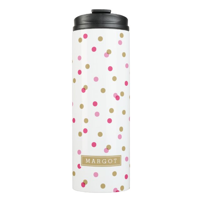 Pink and Gold Confetti Dots Monogram Thermal Tumbler (Front)