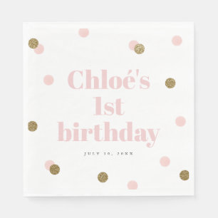 Pink and gold confetti first birthday party napkin