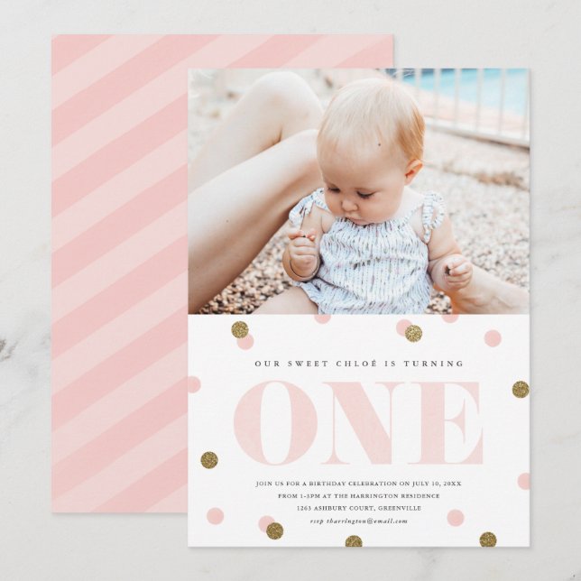 Pink and gold confetti first birthday party photo invitation (Front/Back)