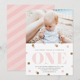 Pink and gold confetti first birthday party photo invitation