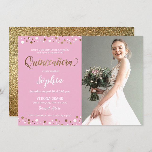 Pink and Gold Confetti Quinceanera 15th birthday Invitation (Front/Back)