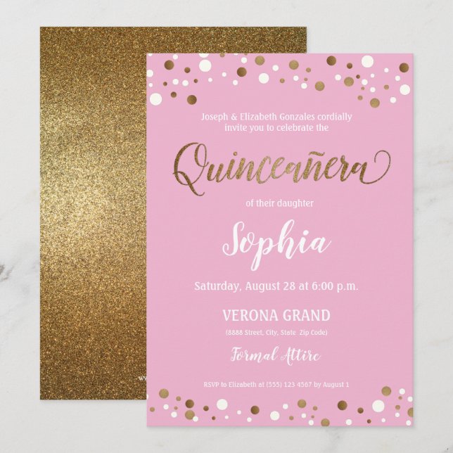 Pink and Gold Confetti Quinceanera 15th birthday Invitation (Front/Back)