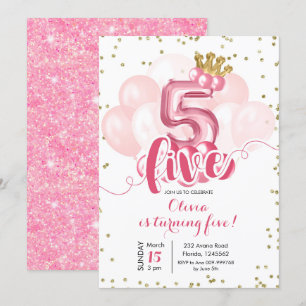 Pink and Gold Crown Balloon 5th Birthday Invitatio Invitation
