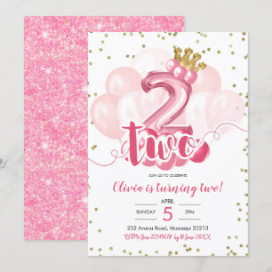 Pink and Gold  Crown Balloon Second Birthday Invitation