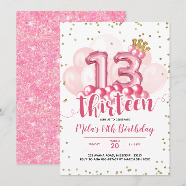 Pink and Gold Crown Balloon Thirteen Birthday Invi Invitation (Front/Back)