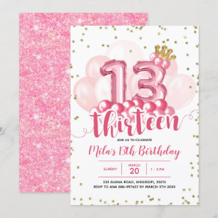 Pink and Gold Crown Balloon Thirteen Birthday Invi Invitation