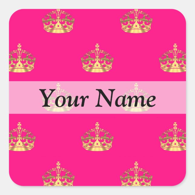 Pink and gold crown pattern square sticker (Front)