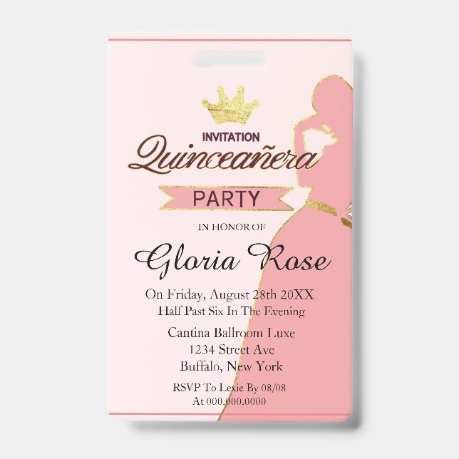 Pink And Gold Crown Quinceanera Party ID Badge (Front)