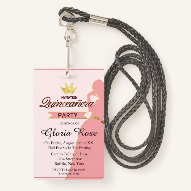 Pink And Gold Crown Quinceanera Party ID Badge (Front with Lanyard)