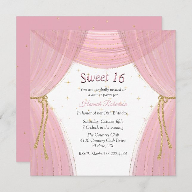 Pink and Gold Curtain Sweet 16 Invitation (Front/Back)