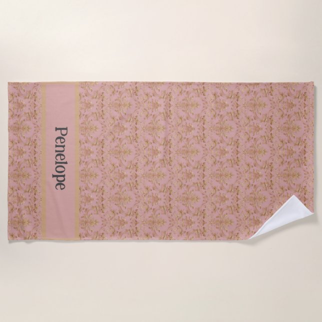 Pink and Gold Damask Beach Towel (Front)