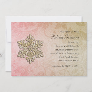 Pink and Gold Damask Snowflake Holiday Party Invitation