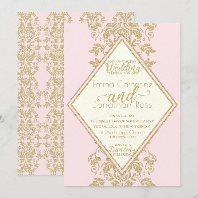 Pink and Gold Damask Wedding Invitation (Front/Back)