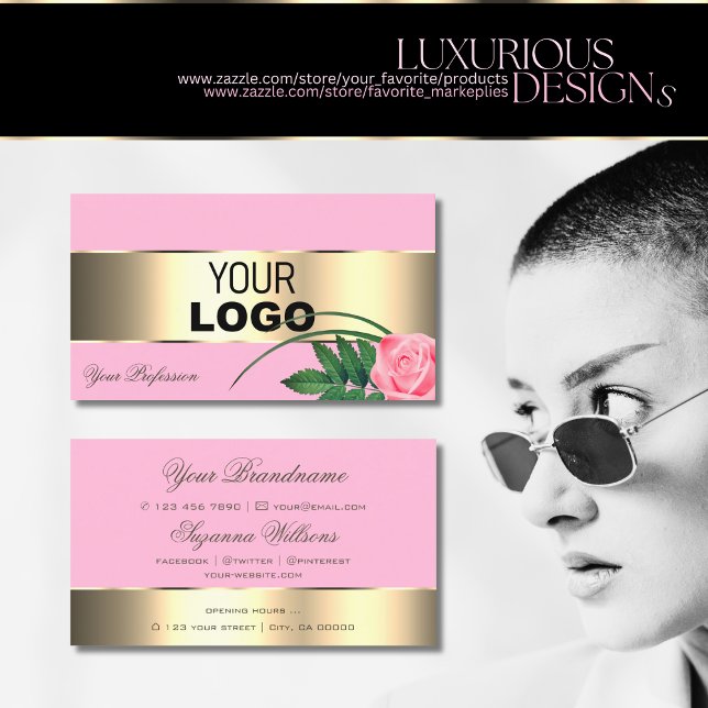 Pink and Gold Decor Cute Rose Flower with Logo Business Card (Creator Uploaded)