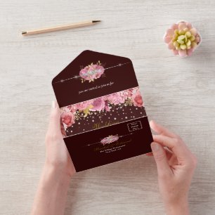 Pink and Gold Diamond Floral Wedding  All In One Invitation