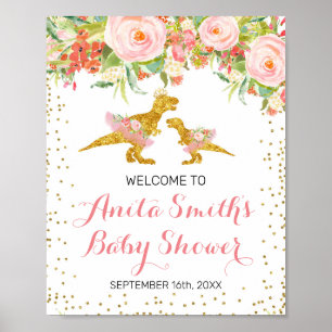 Pink and Gold Dino baby shower welcome sign