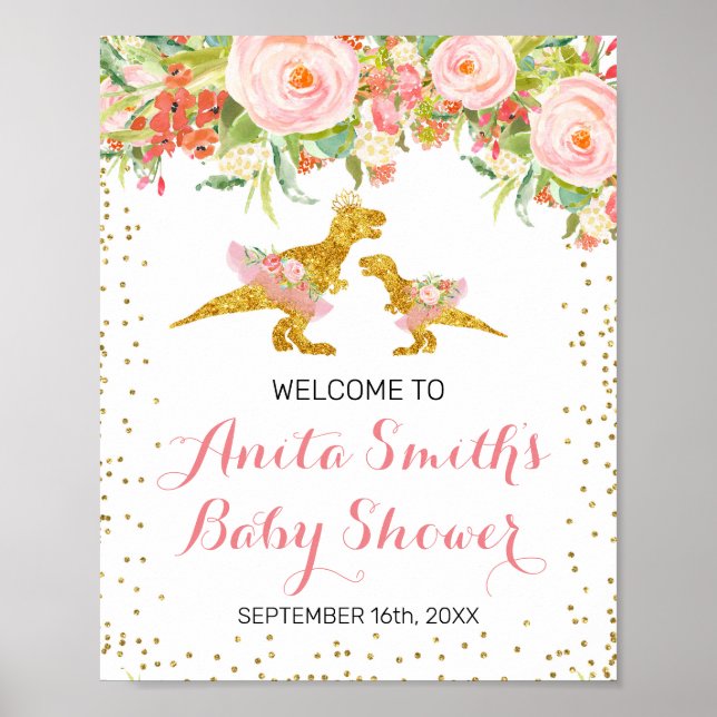 Pink and Gold Dino baby shower welcome sign (Front)