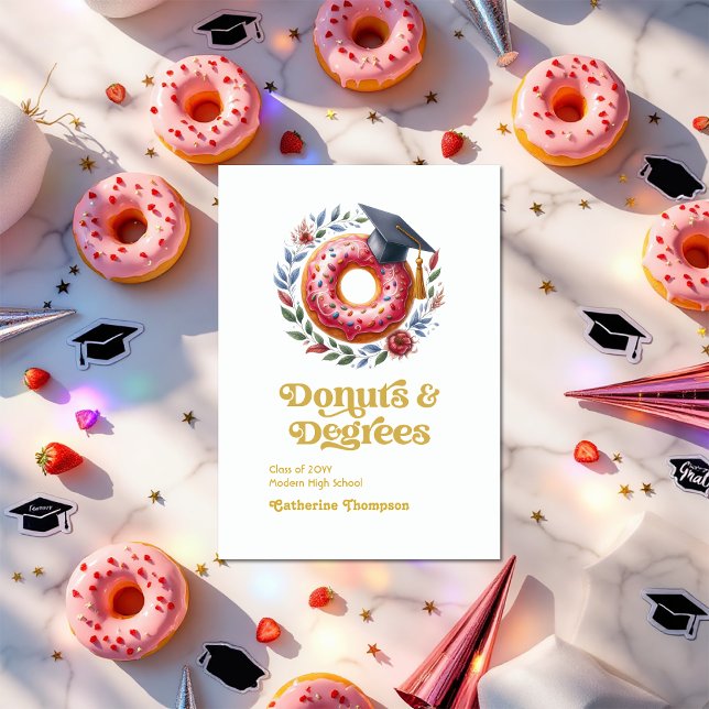 Pink and Gold Doughnuts and Degrees Graduation Pho Announcement (Pink and Gold Donuts and Degrees Graduation Photo Announcement)