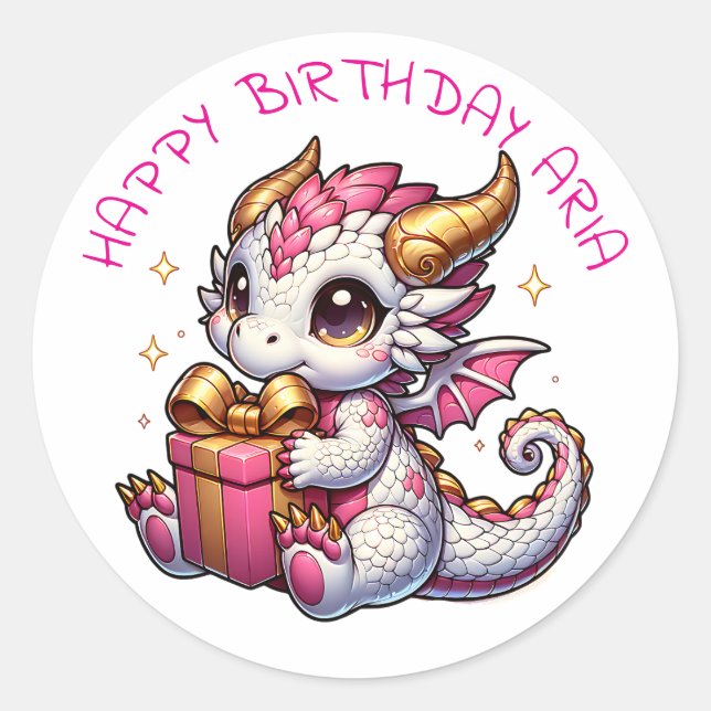 Pink and Gold Dragon Girl's Personalised Birthday  Classic Round Sticker (Front)