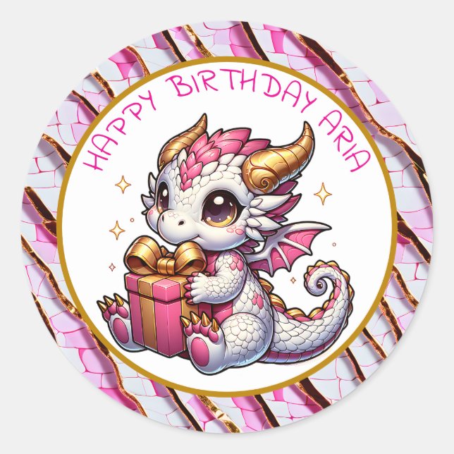 Pink and Gold Dragon Girl's Personalised Birthday  Classic Round Sticker (Front)
