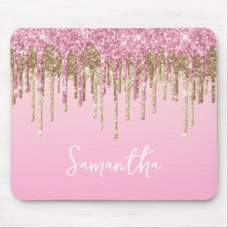 Pink and Gold Dripping Glitter Glam Name Mouse Mat