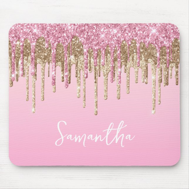 Pink and Gold Dripping Glitter Glam Name Mouse Mat (Front)