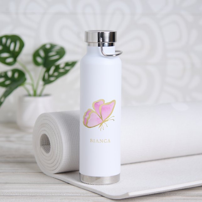 Pink and Gold Elegant Butterfly Cute Elegant Water Bottle (Yoga)