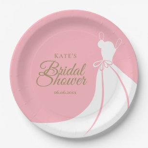 Pink and Gold Elegant Gown Bridal Shower Paper Plate