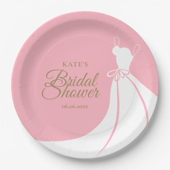 Pink and Gold Elegant Gown Bridal Shower Paper Plate (Front)