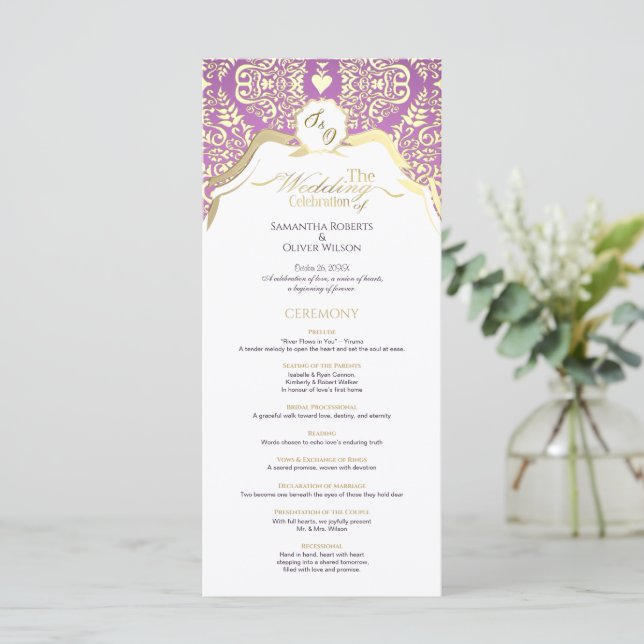 Pink and gold elegant ornate wedding program  programme (Standing Front)