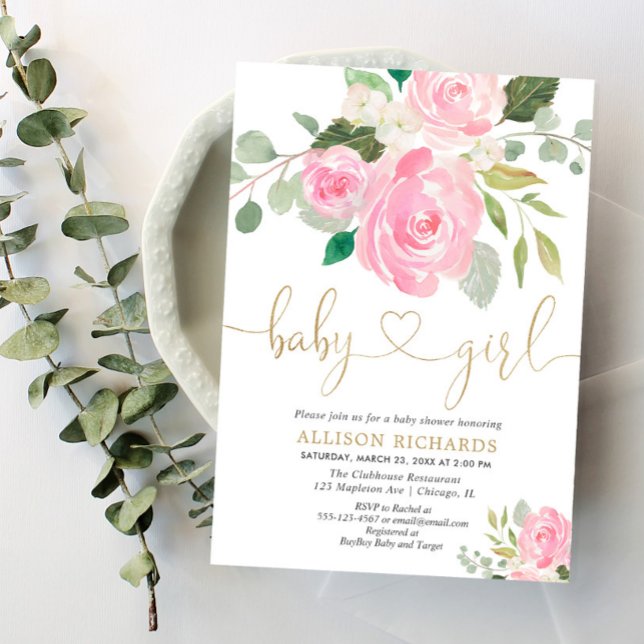 Pink and gold elegant rose floral girl baby shower invitation (Creator Uploaded)