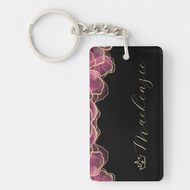 Pink and Gold Elegant Script Personalised Key Ring (Front)