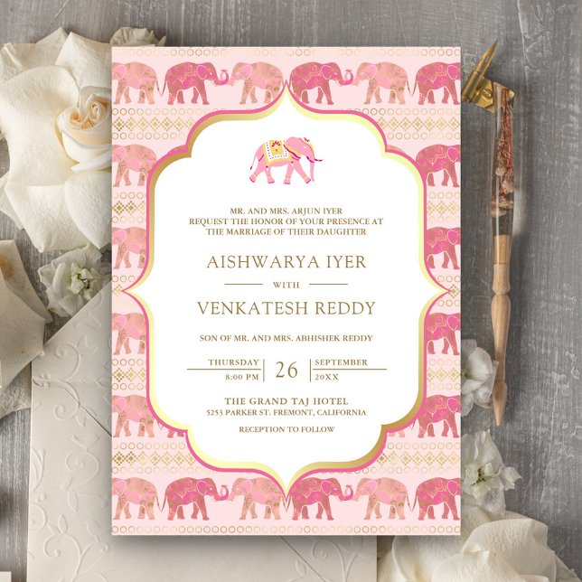 Pink and Gold Elephant All in One Indian Wedding Invitation (Creator Uploaded)