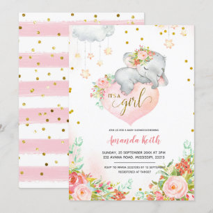 Pink and Gold Elephant Baby Shower Invitation