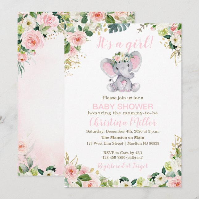 Pink and Gold Elephant Baby Shower Invitation Girl (Front/Back)