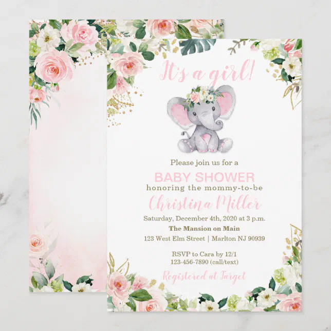 Pink and Gold Elephant Baby Shower Invitation Girl | Zazzle