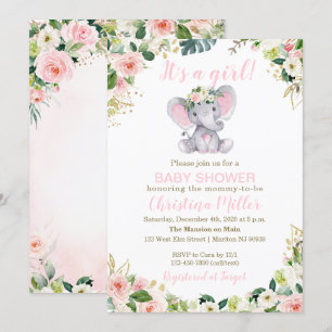 Pink and Gold Elephant Baby Shower Invitation Girl