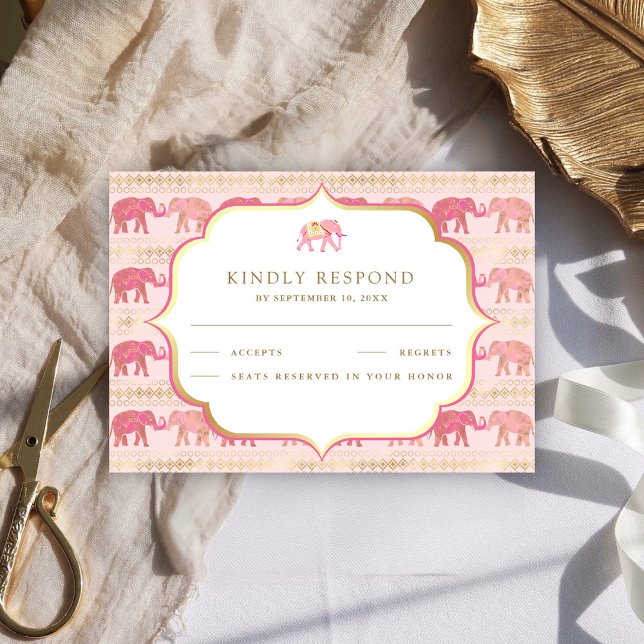 Pink and Gold Elephant Indian Wedding RSVP Card (Creator Uploaded)