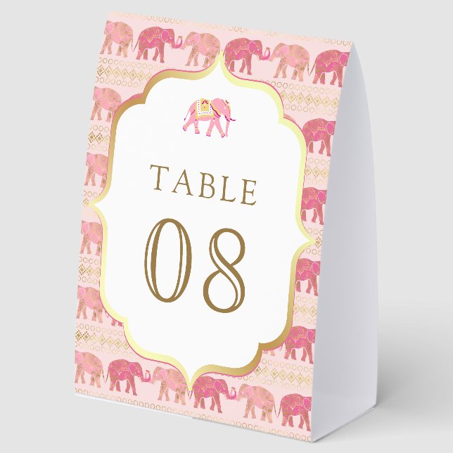 Pink and Gold Elephant Indian Wedding Table Number (Front)