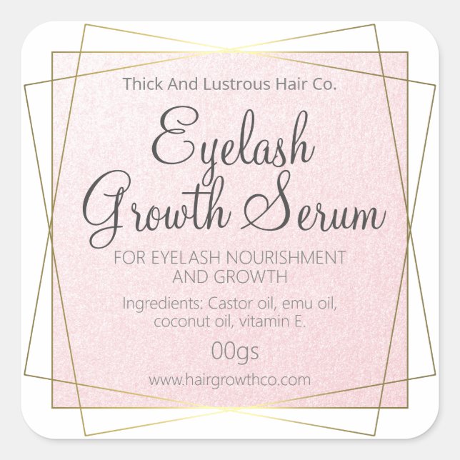 Pink And Gold Eyelash Eyebrow Or Hair Growth Serum Square Sticker (Front)