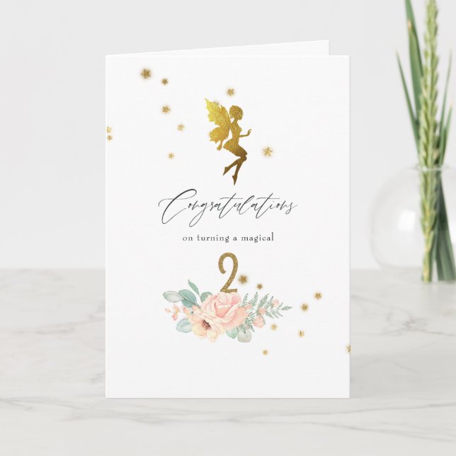 Pink and Gold Fairy themed Girl 2nd Birthday Card (Front)