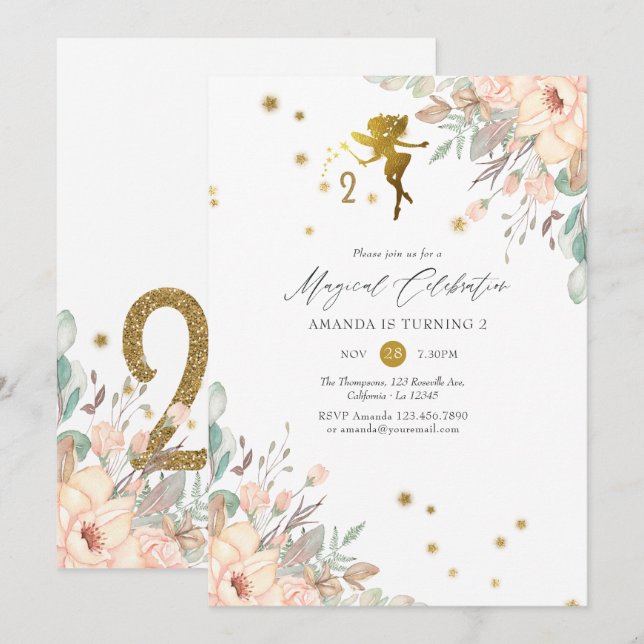 Pink and Gold Fairy themed Girl 2nd Birthday Party Invitation (Front/Back)