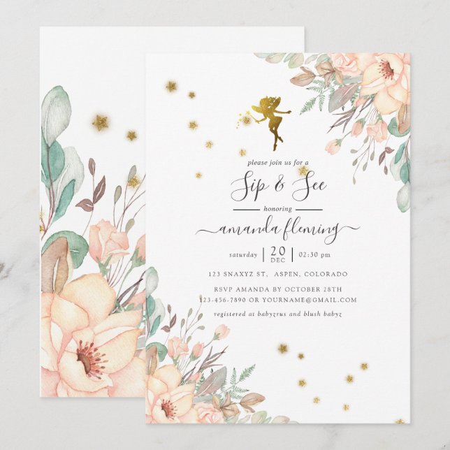Pink and Gold Fairy themed Girl Sip and See Invitation (Front/Back)
