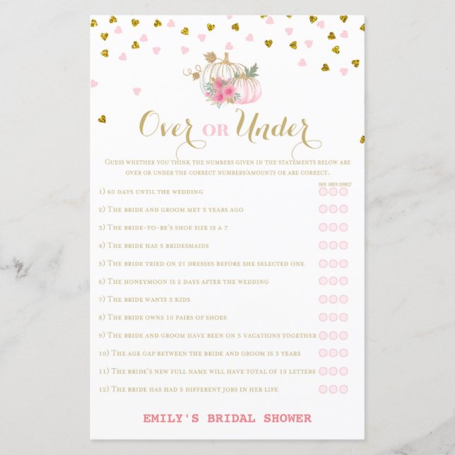 Pink and Gold Fall Bridal Shower Game, Pumpkin (Front)