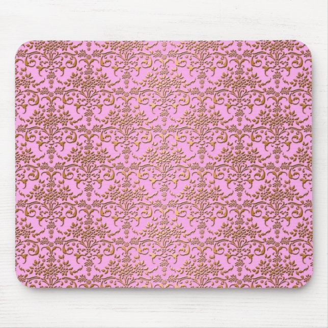 Pink and Gold Fancy Damask Pattern Mouse Mat (Front)