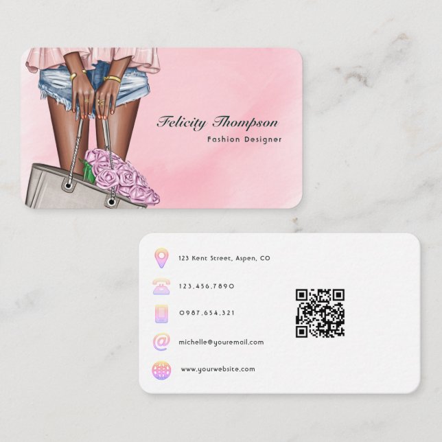 Pink and Gold Fashion Designer QR Code Business Card (Front/Back)