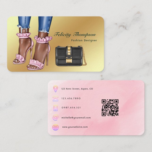 Pink and Gold Fashion Designer QR Code Business Card (Front/Back)
